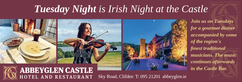 Tuesday Night is Irish night at the Abbeyglen Castle Hotel ther advert from the What's On Connemara visitors' guide.